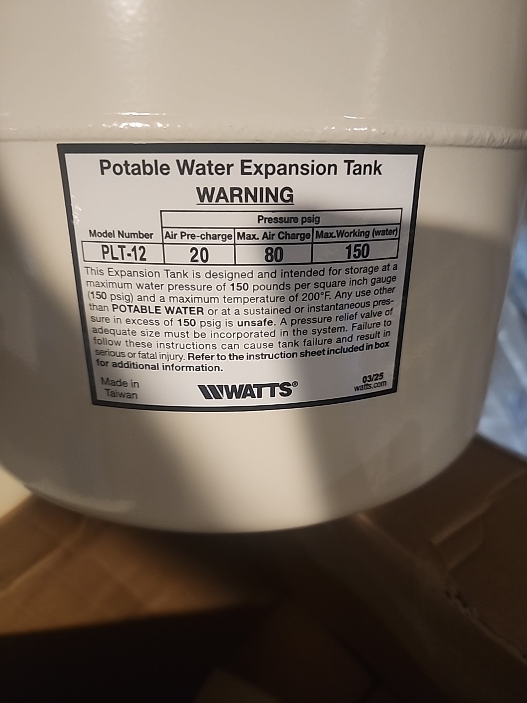 Watts 0067371 PLT-12 Potable Water Expansion Tank 4.5 Gallon 150 PSI Vertical