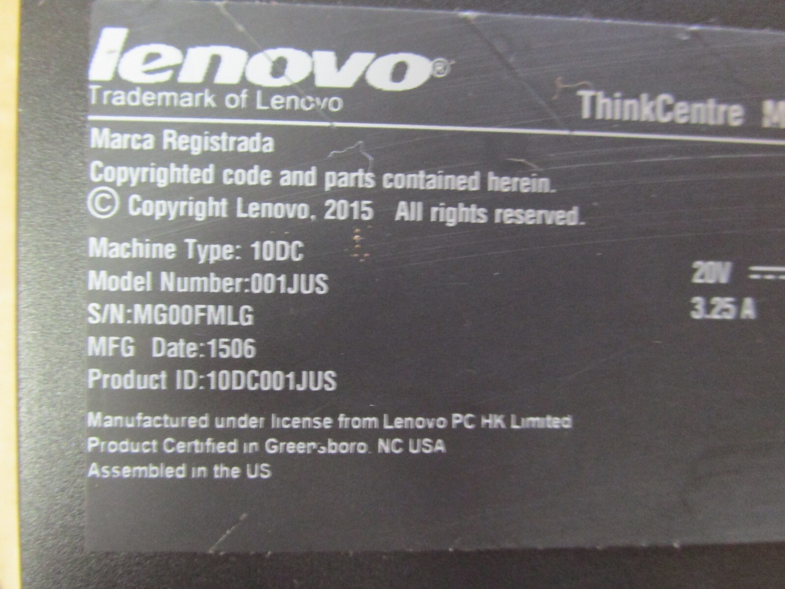 LENOVO THINKCENTRE DESKTOP PC PENTIUM M53 001JUS 20V VOLT 3.25A