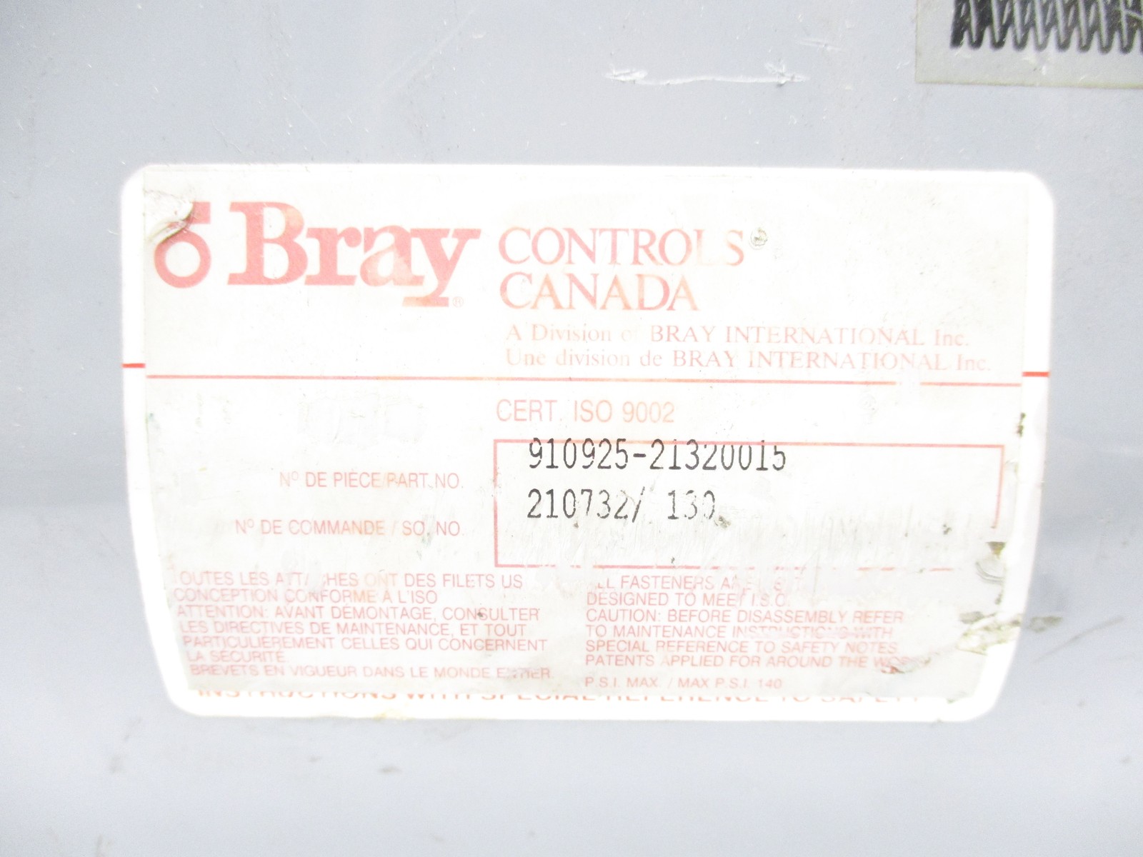 BRAY CONTROLS 910925-21320015 UNMP