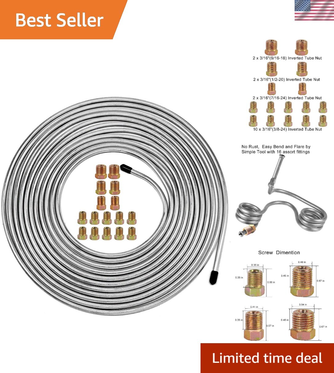 25 ft Zinc-Coated Brake Line Tubing Kit – Professional Grade with 16 Fittings