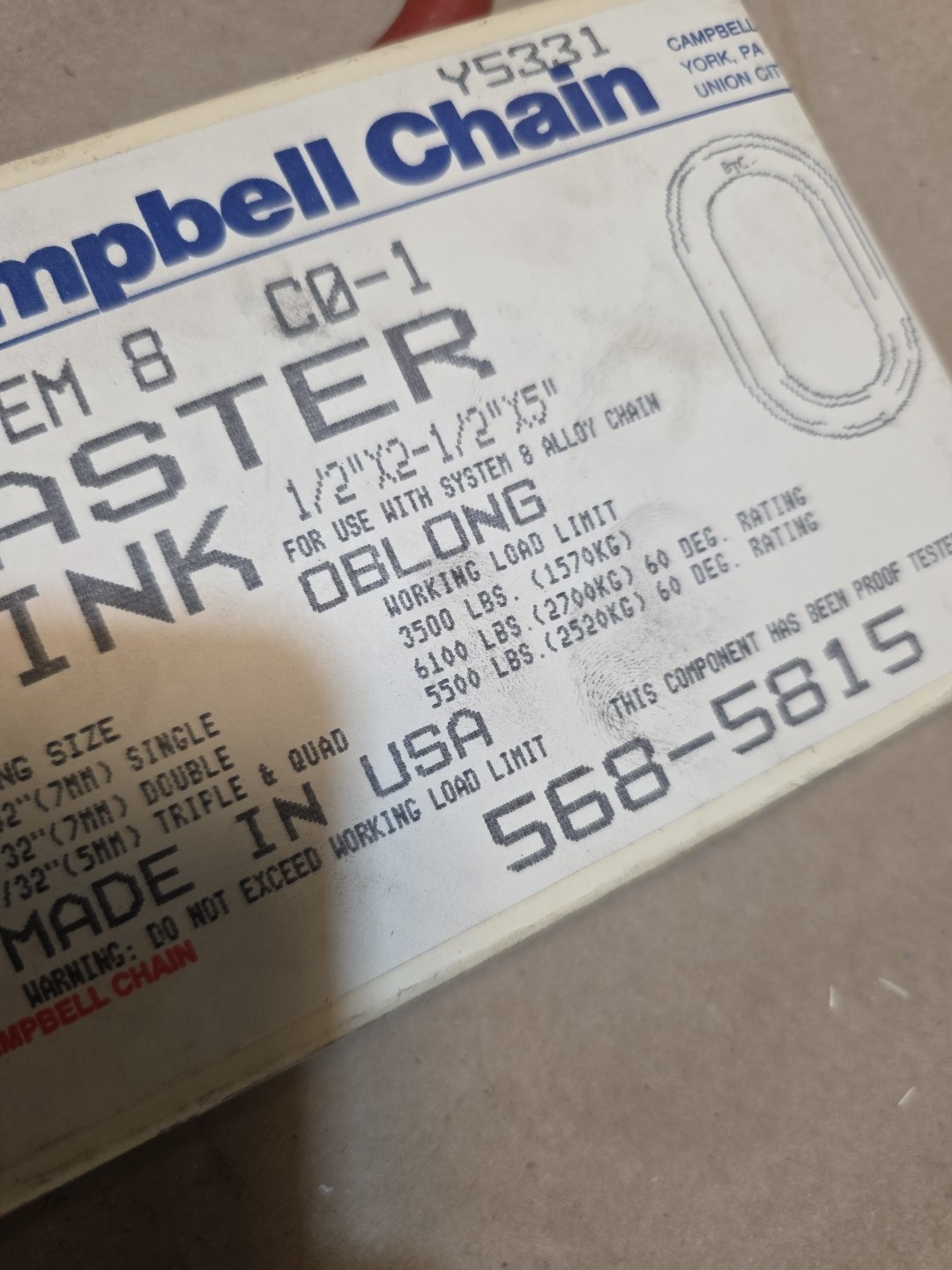 CAMPBELL CAM ALLOY 568-5815 OBLONG RING LINKS 1/2″ X 2-1/2″ X 5″ LENGTH