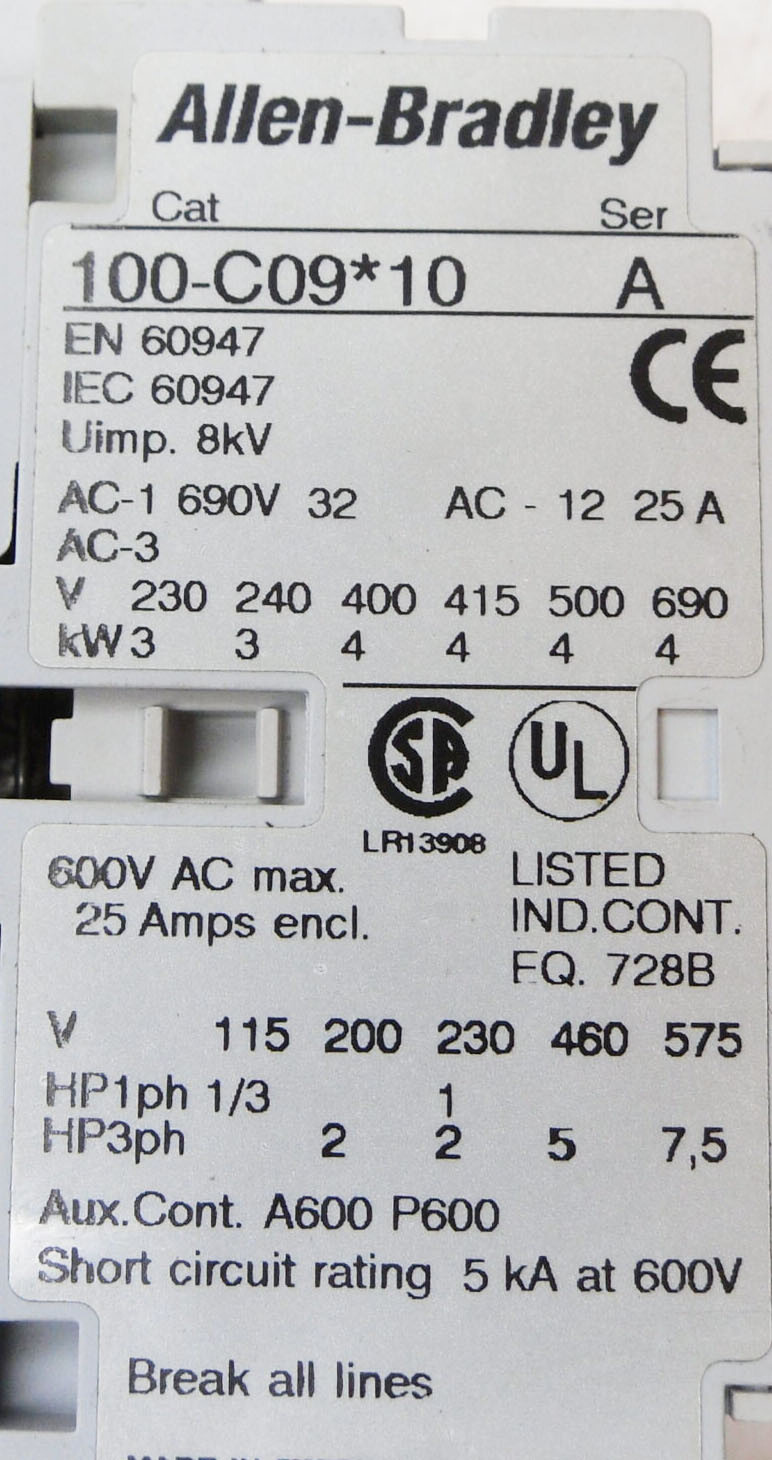 ALLEN BRADLEY 100-C09*10 /A CONTACTOR 600VAC 25A W/ 193-EA1EB /B OVERLOAD RELAY