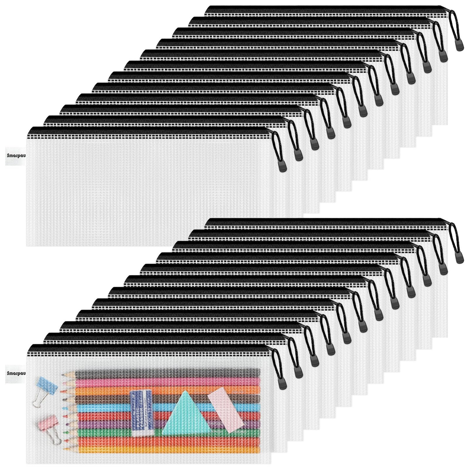 Smarpau Pencil Pouch 24PCS, 9.3″ x 4.7″ Mesh Zipper A6-9.3×4.7in-24pcs, Black