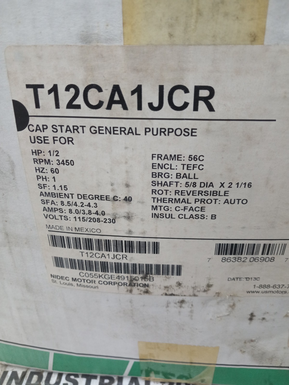 .5 HP US MOTORS T12CA1JCR 3450 RPM 1PH 60HZ TEFC FR:56C 115-208/230V