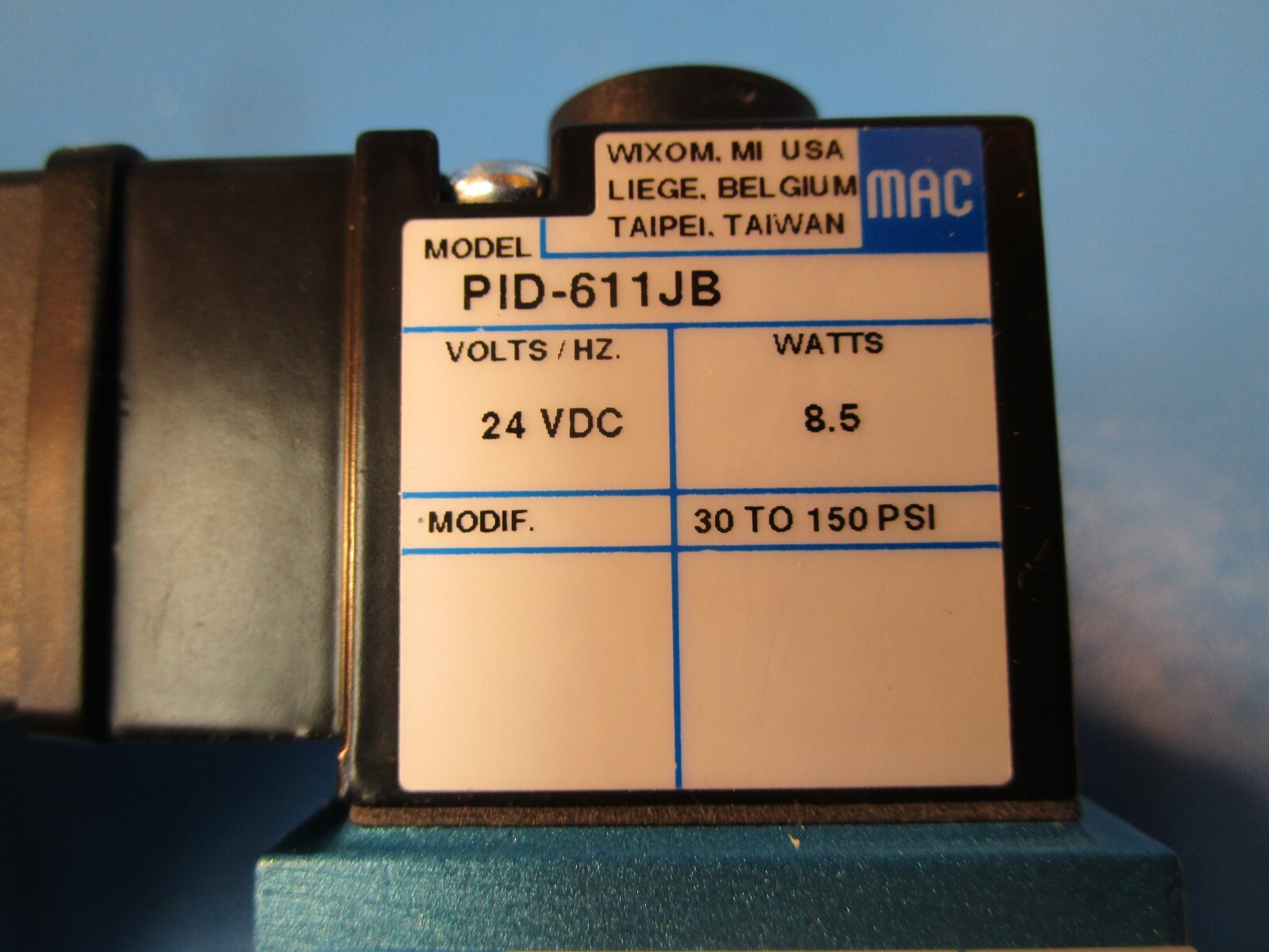 MAC VALVE 55B-12-PI-611JB MAC SOLENOID VALVE, NORMALLY CLOSE, 24V DC