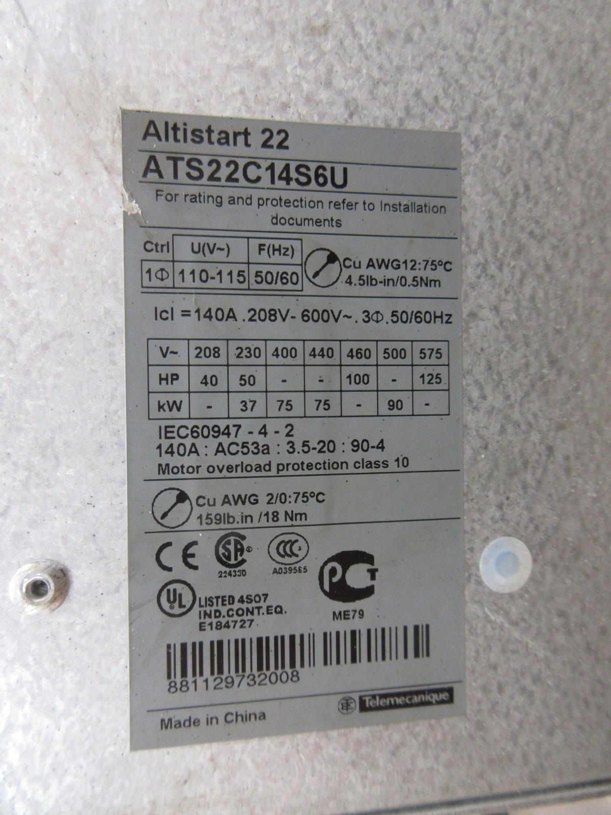 Schneider Electric Altistart 22 Soft Start ATS22C14S6U 125HP 208-600V 3Ph Used