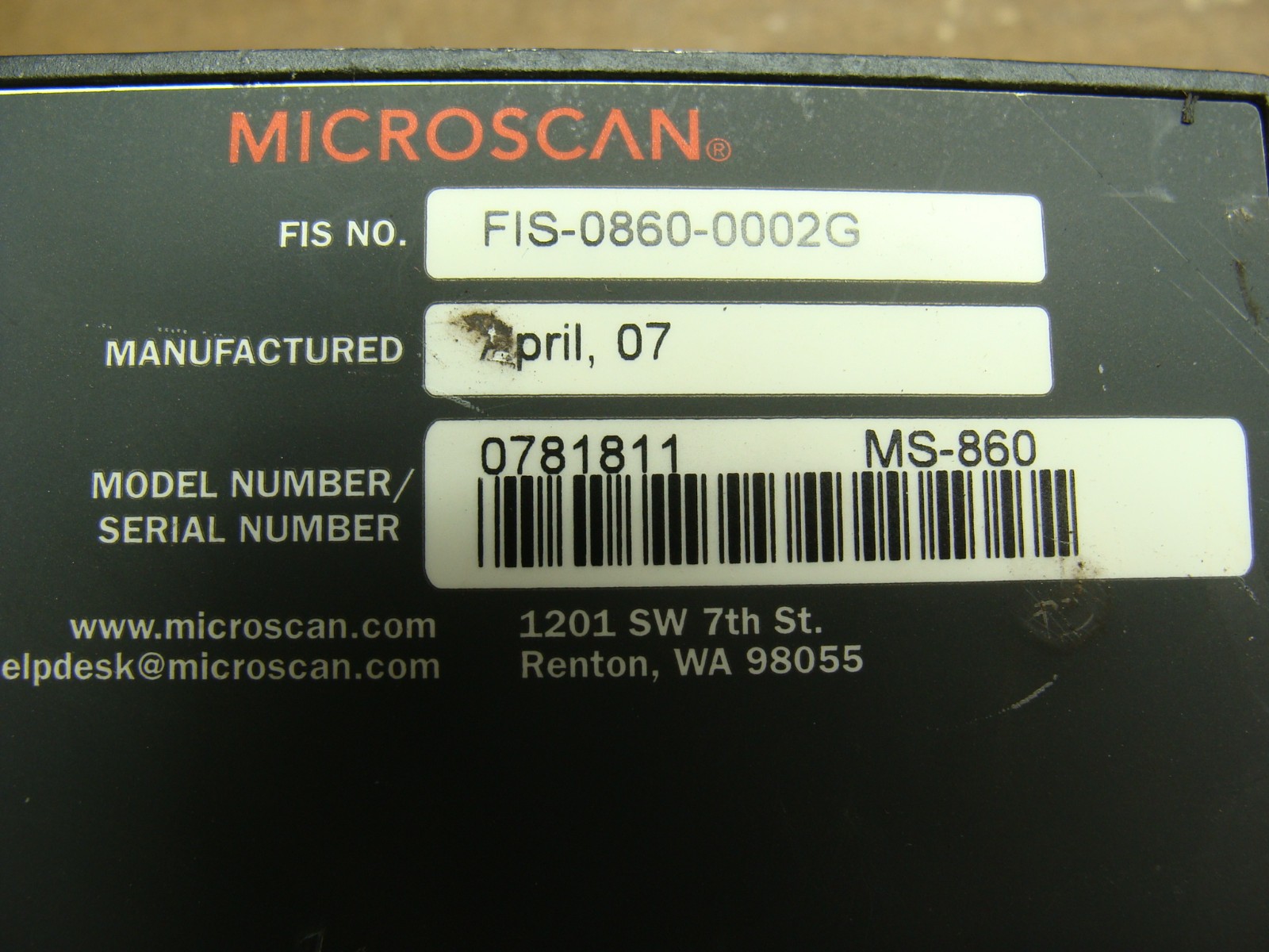 MICROSCAN 860 BARCODE SCANNER READER FIXED MOUNT FIS-0860-0002G