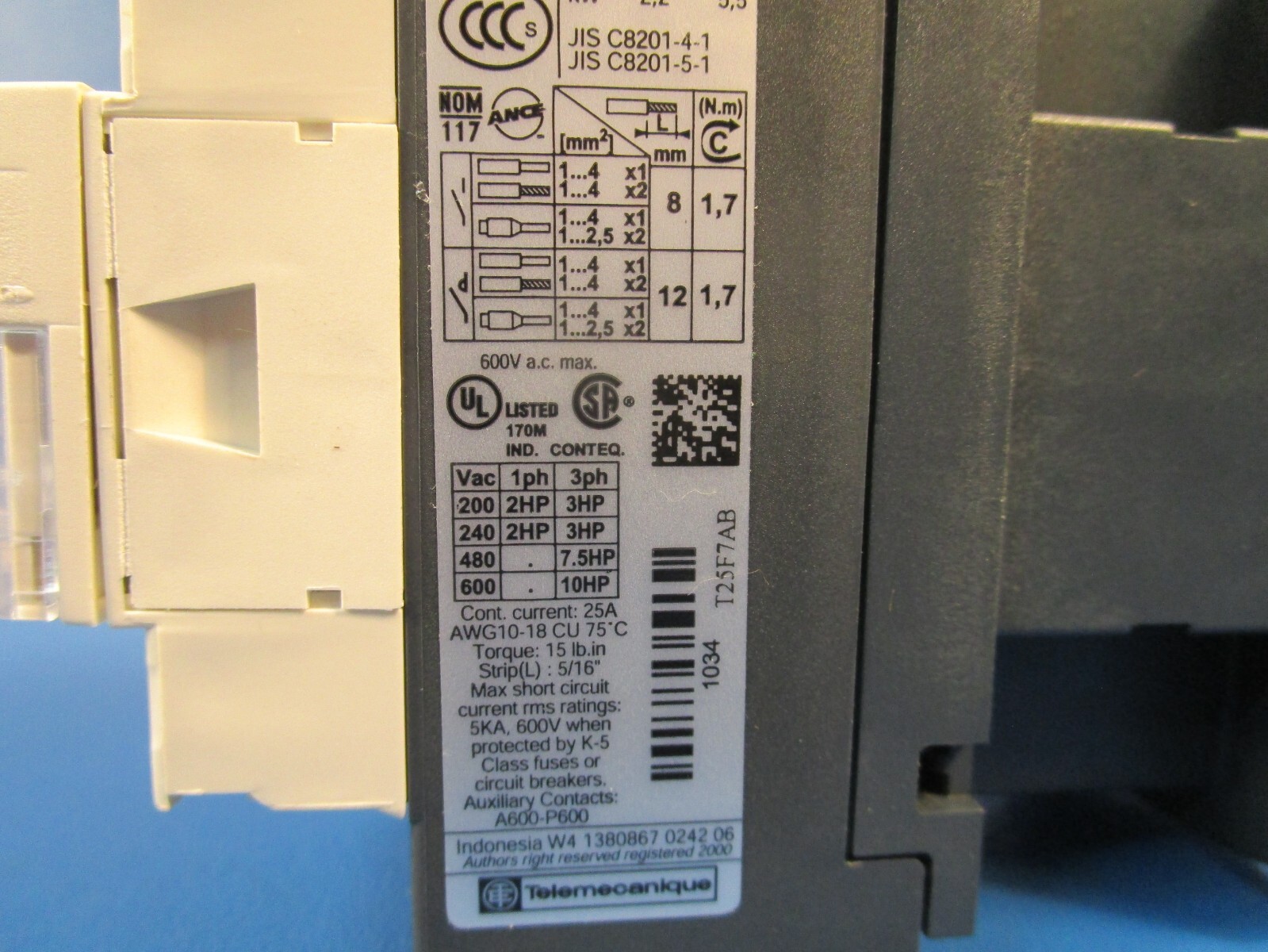 SCHNEIDER LC1DT25F7, Contactor, Non Reversing, 4 pole, 3 phase, 110 Vac @ 50/60