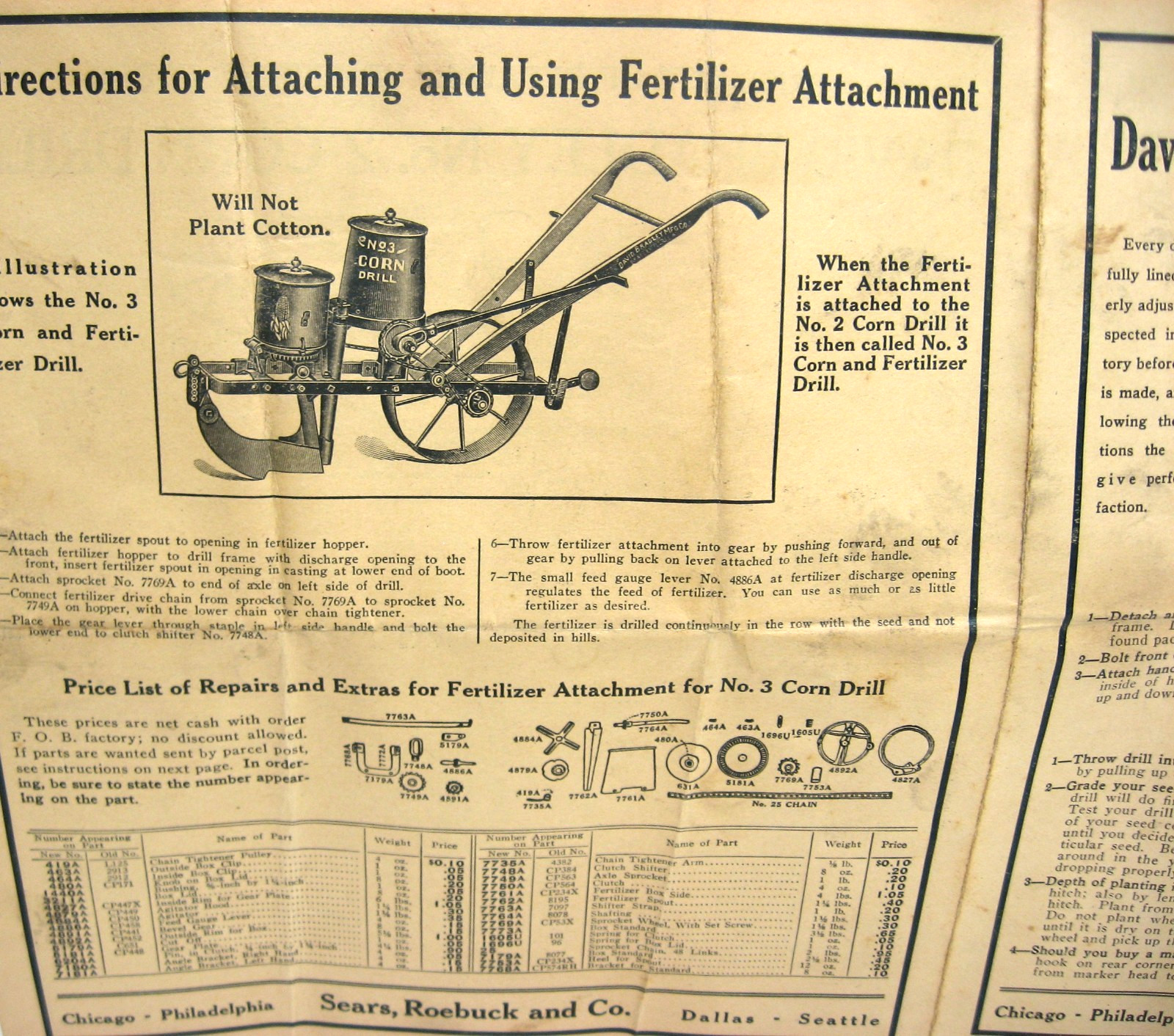 1924 DAVID BRADLEY Nos 2 & 3 Corn Drills Operating Instructions/Parts List SEARS