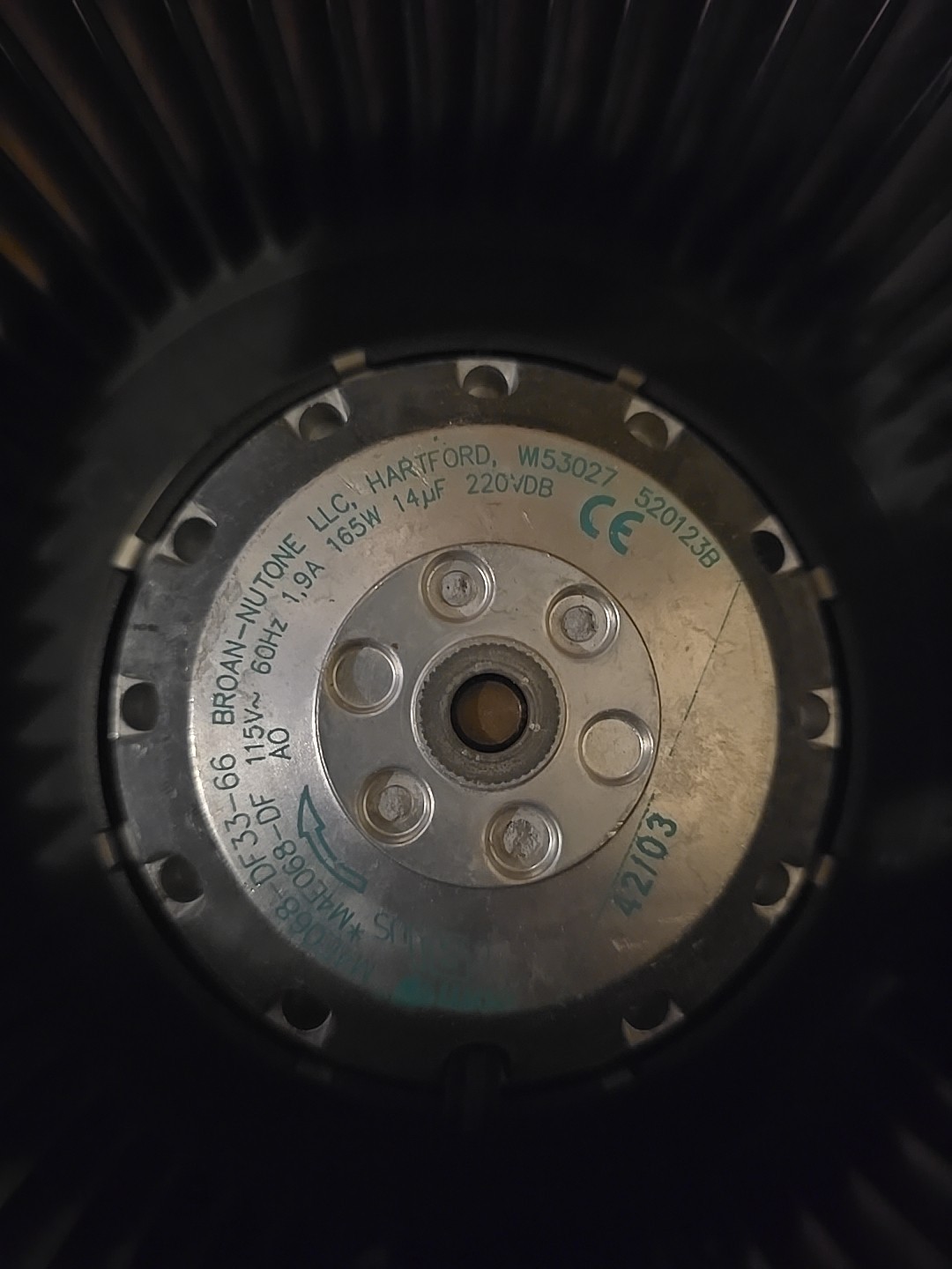 Broan-Nutone Hood Blower Motor M4E068-DF33-66 M4E068-DF 115V 165W 1.9A 520123B