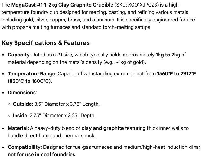 1 NEW MEGACAST X001XJP0Z3 #1 1-2KG CLAY CRUCIBLE NIB *MAKE OFFER*