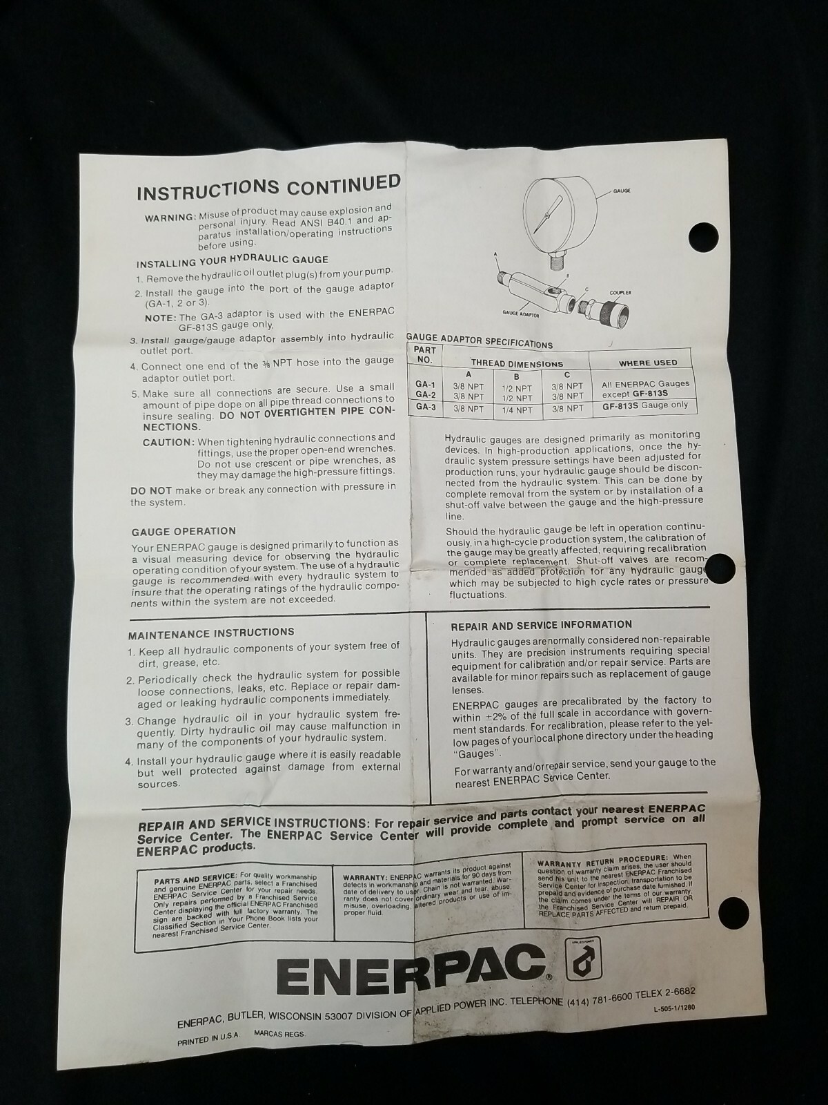 Vintage ENERPAC Industrial Liquid Gauge Model G-2515L 2000 psi 2 1/2″