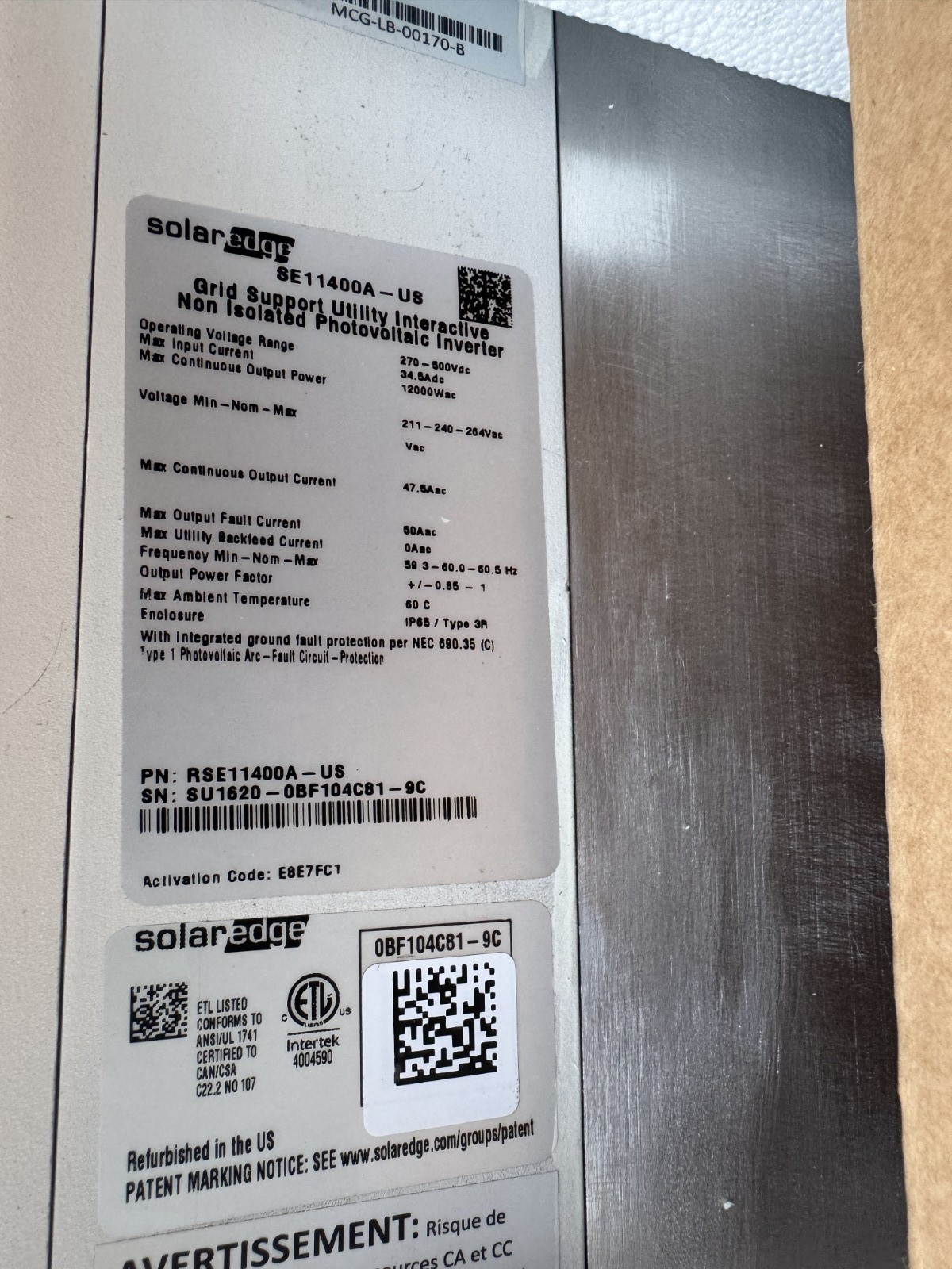 SolarEdge RSE11400A-US Single Phase Inverter | 11.4kW | Grid-Tie with AFCI