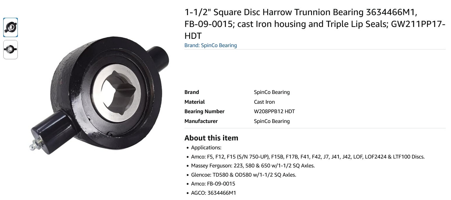 1 NEW SPINCO GW211PP17 1 ½” SQUARE BORE HARROW TRUNNION BEARING NNB *MAKE OFFER*