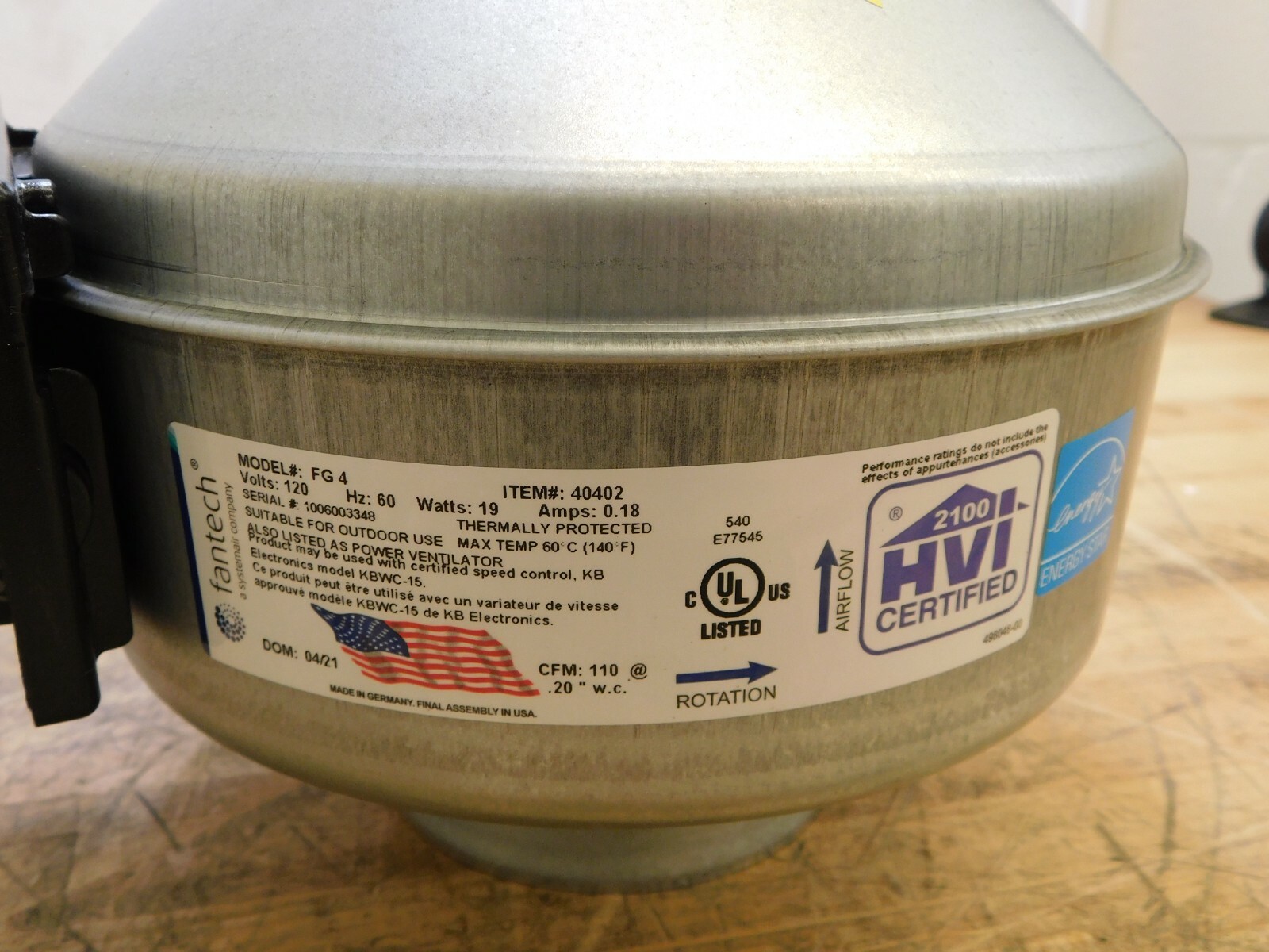 Fantech Enclosed Exhaust Fan 4″ Blade Direct Drive 0.027 hp 100 CFM PB110
