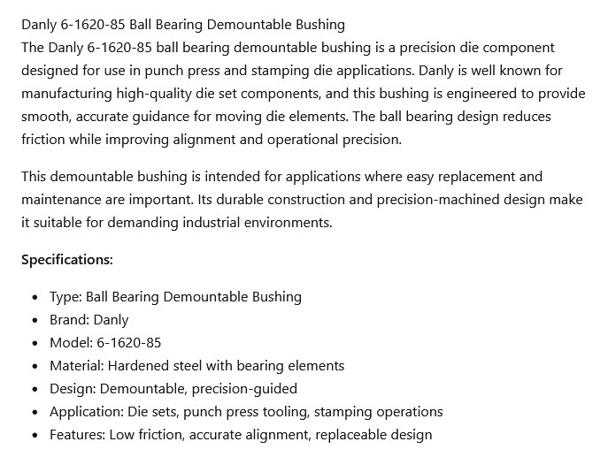 1 NEW DANLY 6-1620-85 BALL BEARING DEMOUNTABLE BUSHING NIB ***MAKE OFFER***