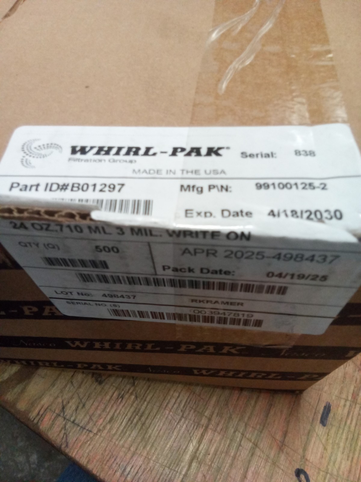 (QTY 500) Whirl-Pak B01297 Sampling Bag Polyethylene 24 Oz. 3 mil Thick, 573