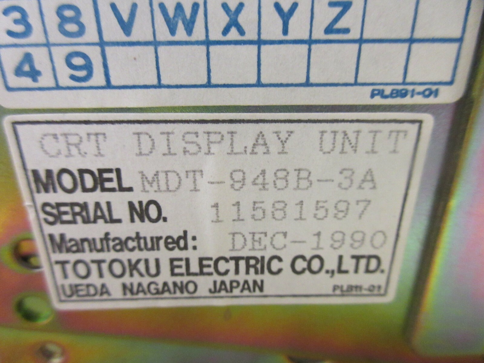 *SPECIAL PRICE* TOTOKU CRT DISPLAY MONITOR MDT-948B-3A PLB11-01 8C231 EACH 1