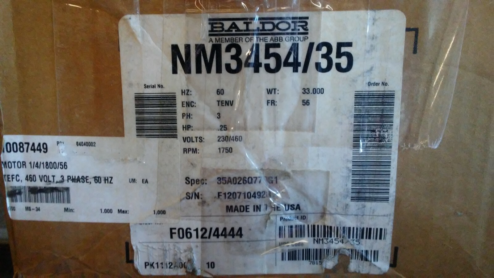 NEW IN BOX! BALDOR RELIANCE 1/4HP 230/460V 1750RPM AC MOTOR NM3454/35