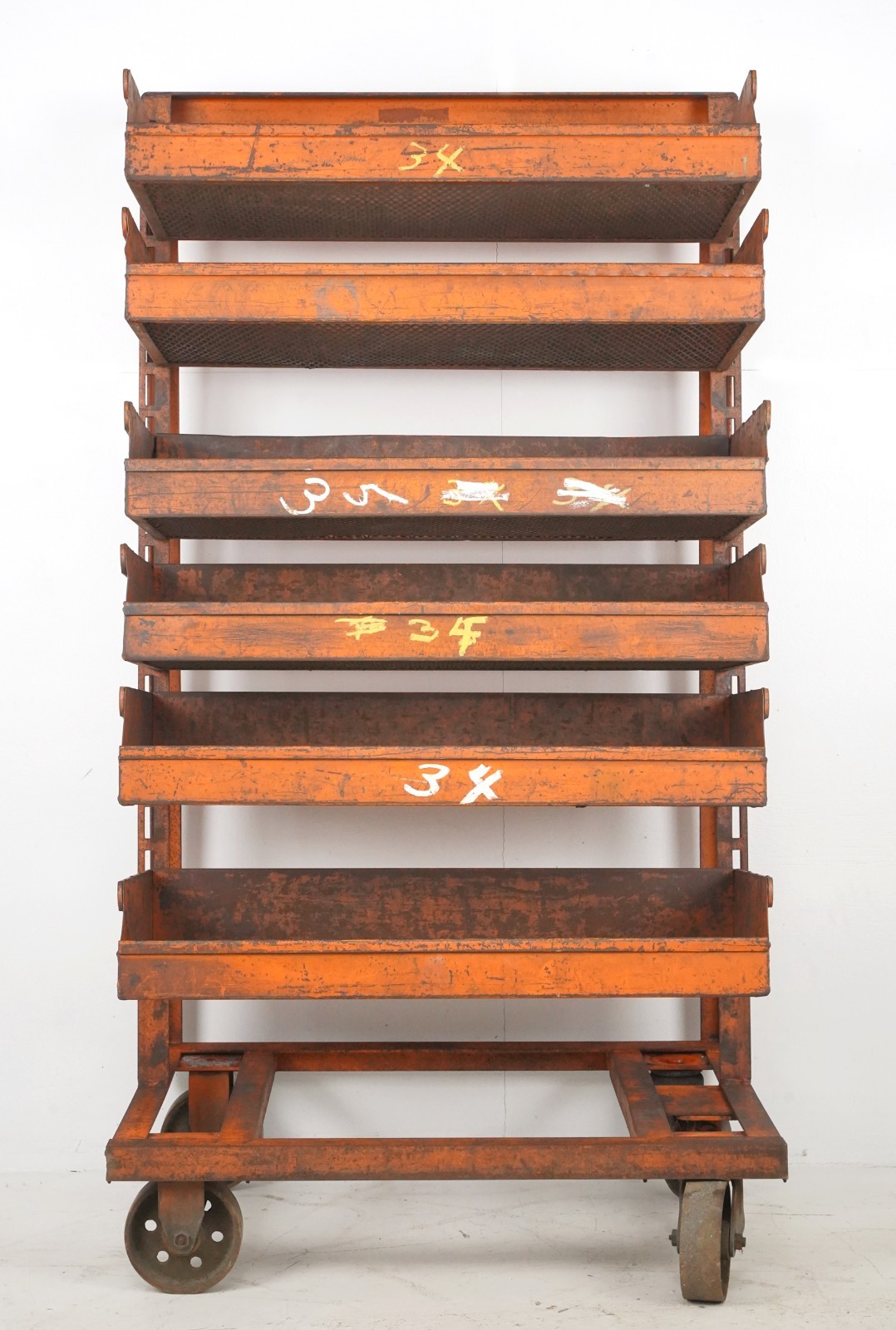 Industrial Six Tray Orange Steel Rolling Cart