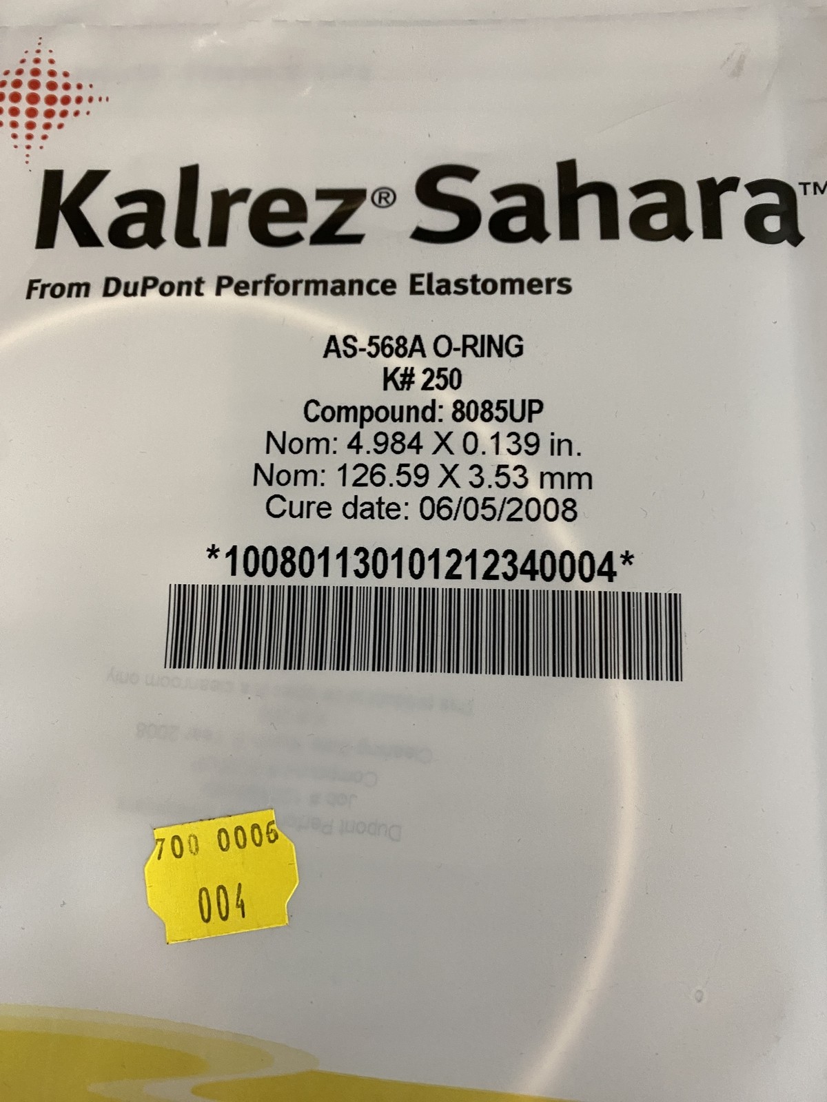 Kalrez K#250 O-Ring 8085UP 4.984 x 0.139 in 126.59 x 3.53 mm PN: AS568A