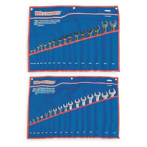 Westward 3Xu43 Combo Wrench Set, 1/4-1-1/8 In, 7-24 Mm, 32-Piece