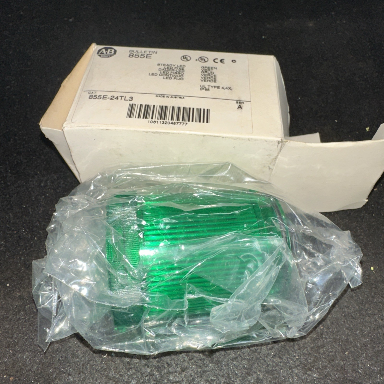 New – Allen Bradley 855E-24TL3 Green LED Stack Light Steady 24V AC/DC (st2255)