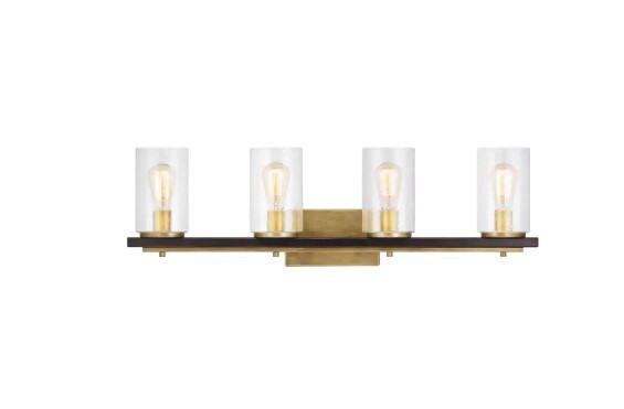 H B Boswell Quarter 4-Lt Vintage Brass Light w/ Black Distressed Wood Accents