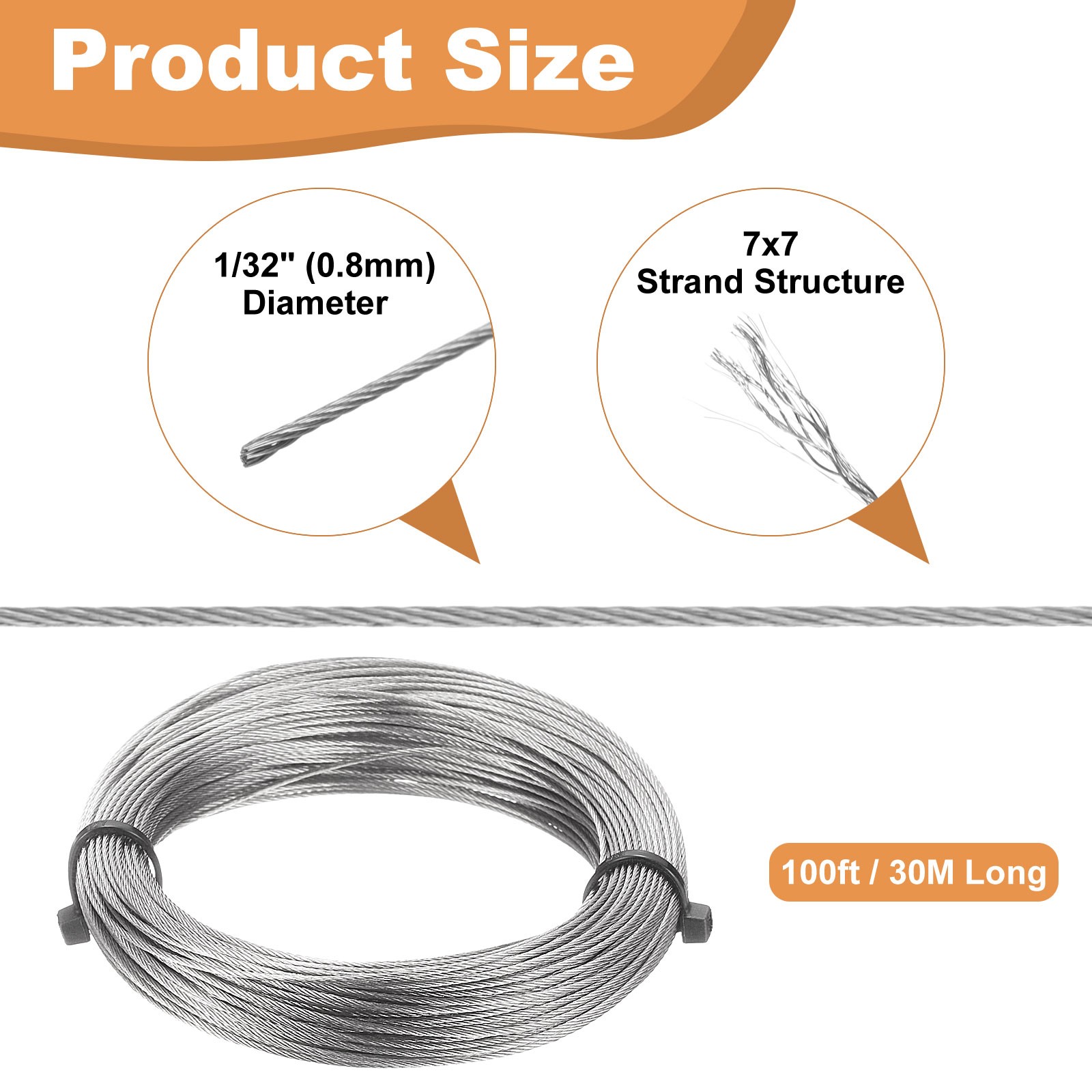 100ft (30M) 0.8mm Stainless Steel Wire Rope 7×7 Strand with 30pcs Loop Sleeves