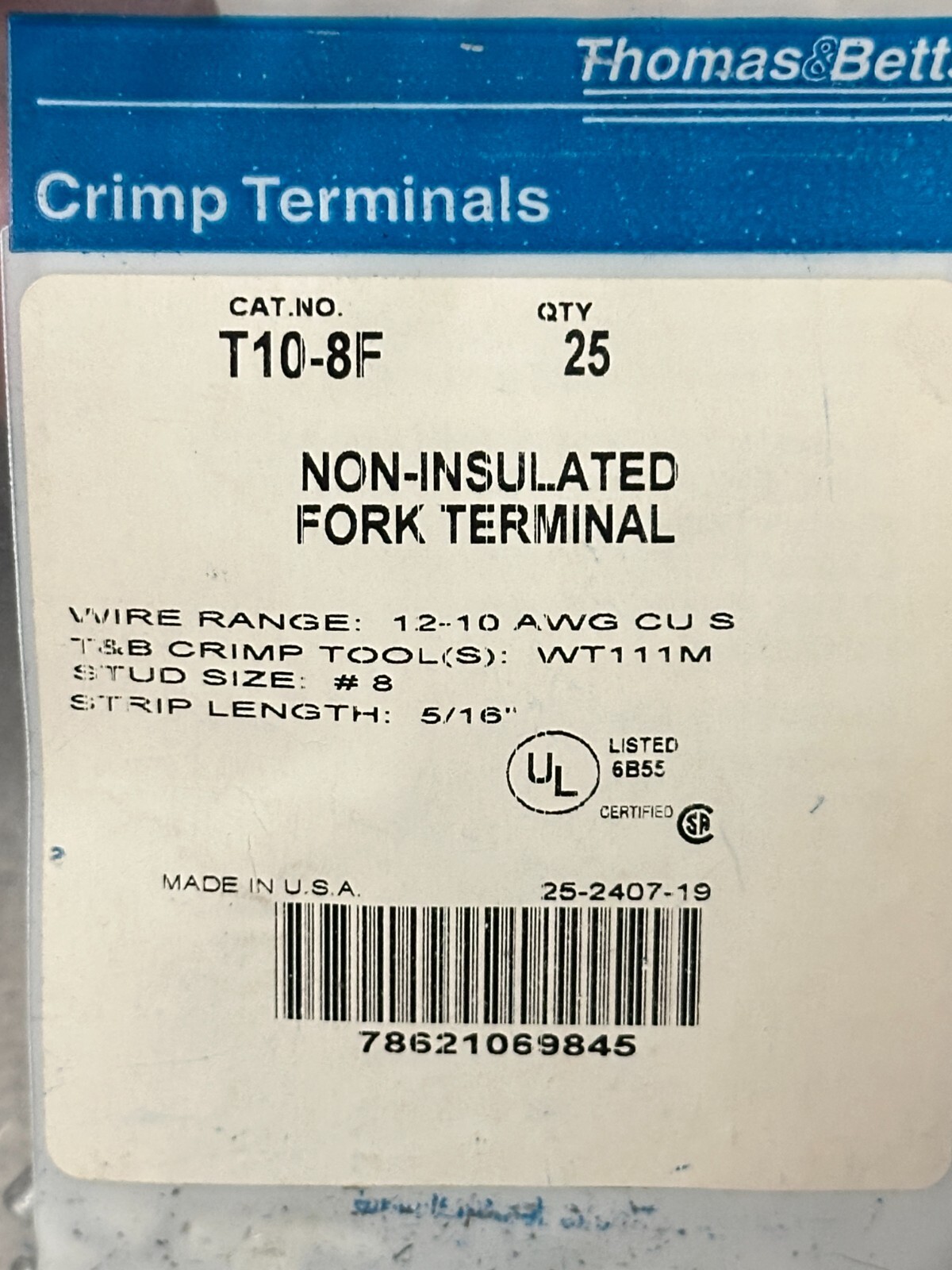 NEW 50 pack Thomas & Betts T10-8F Uninsulated Fork Terminal 12-10AWG #8 Stud