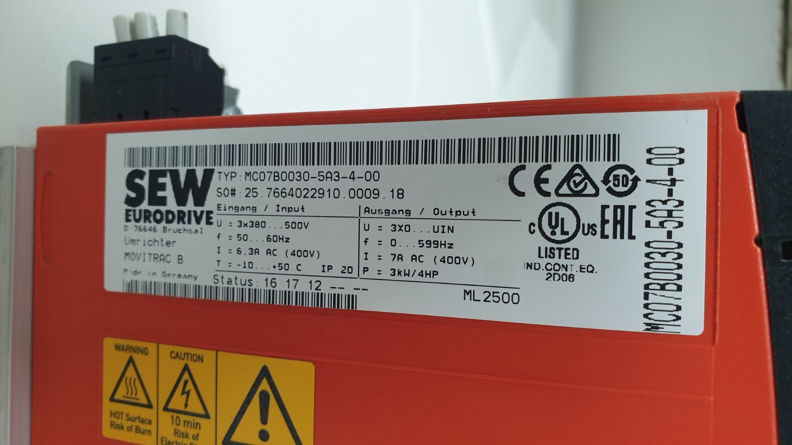 SEW Eurodrive Movitrac B MC07B0030-5A3-4-00 Inverter Drive 3kW 4HP