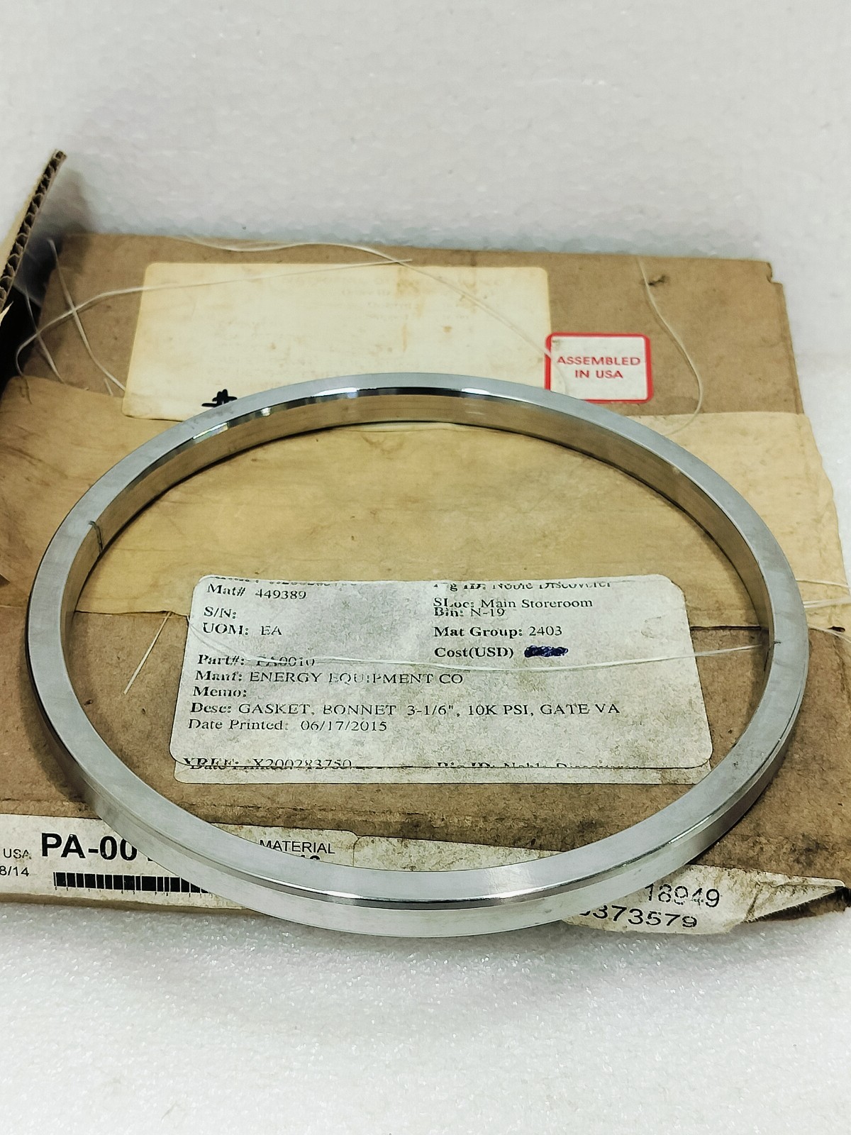 NOV/ENERGY EQUIPMENT PA-0010 REV B S316 Gasket Bonnet 3-1/16″ 10K PSI PA-0010/B