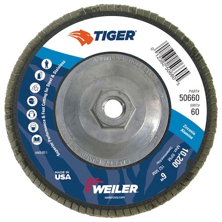Weiler 50660 Tiger Flap Disc 60 Grit Zirconia 6 Inch Phenolic Backing
