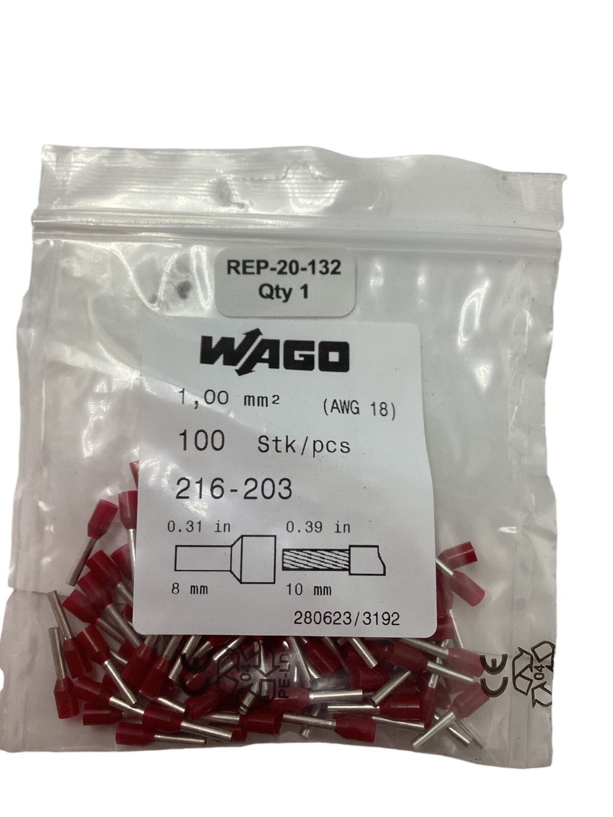 Bag of 100 Wago Ferrule Red &Blue 1 Mm² / Awg 18 Insulated with 1/2 Connector