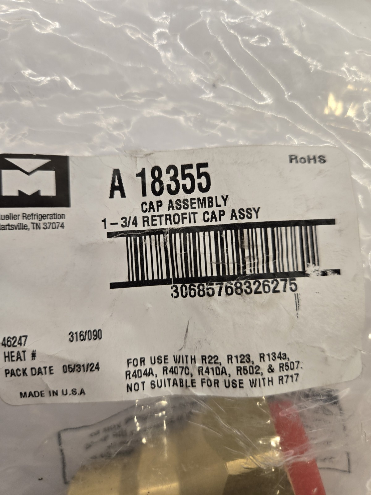 Mueller Industries A18355 Retrofit Cap Assembly Durable Brass