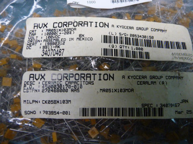 AVX CK05BX103M Qty of 1000 per Lot CAPFXD 0.01UF 100VDC