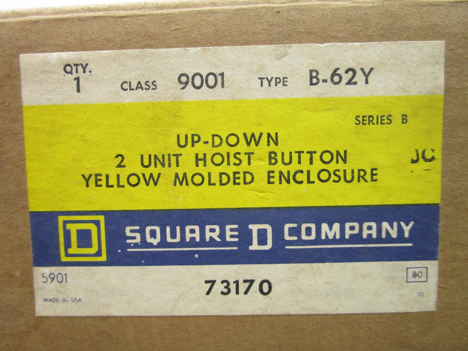 Square D 73170 B-62Y 2-Button Hoist Control Enclosure Yellow Molded Rubber Case