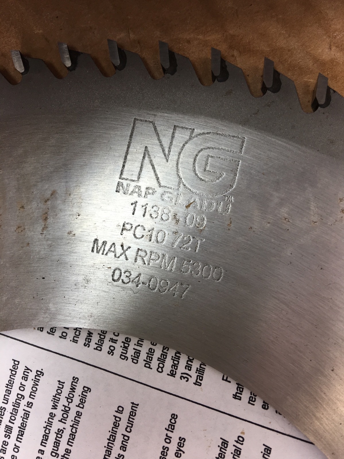 NEW IN BOX NAP GLADU 1138-09 PC10 72T 5300 RPM CARBIDE TIPPED SAWBLADE, B372