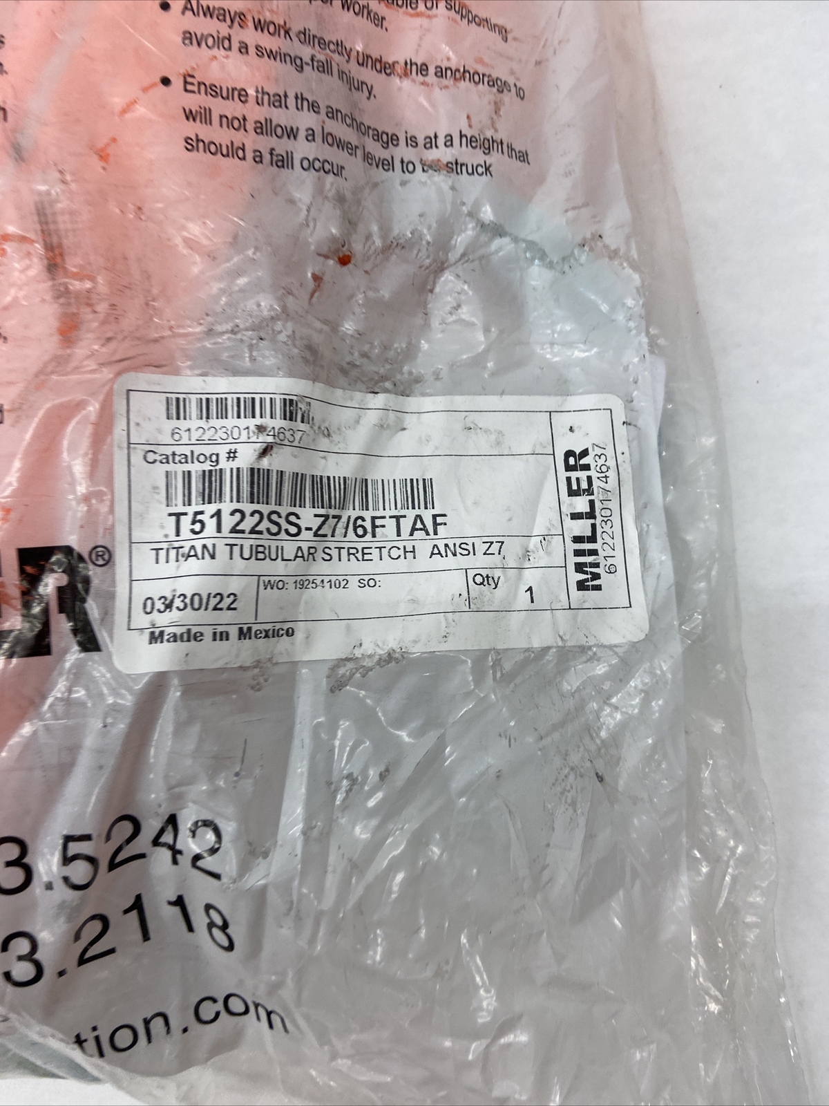 MILLER HONEYWELL T5122-Z7 6FTAF 6’ TUBULAR SHOCK-ABSORBING LANYARD, NEW