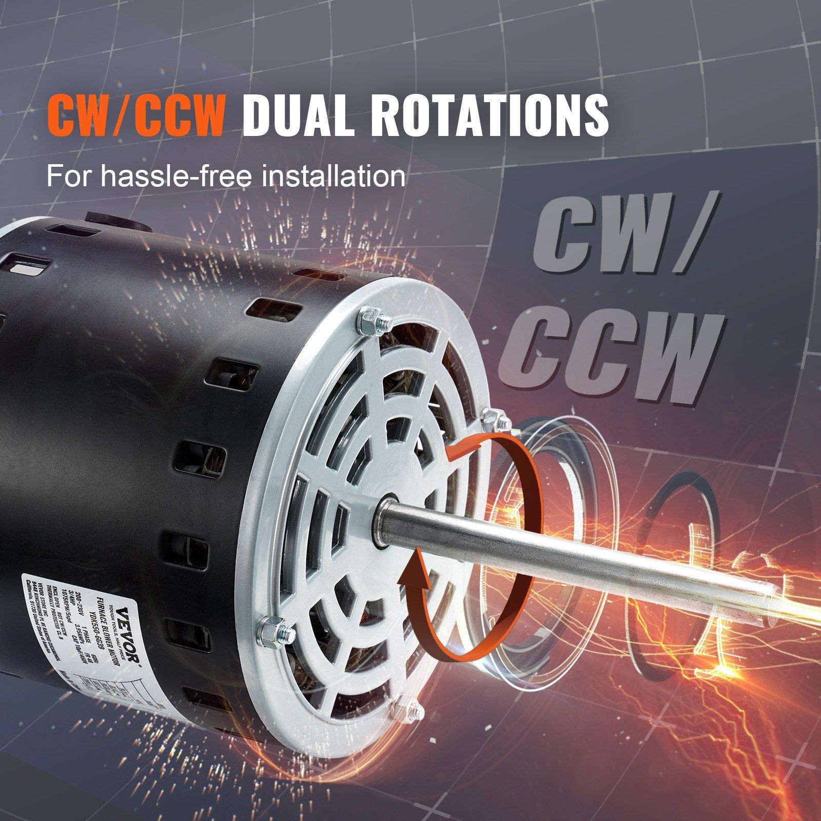 3/4HP 208/230V 1075RPM 5-Speed CW/CCW 48Frame 4.8″Shaft 10°F/450V Cap&11″Hoop