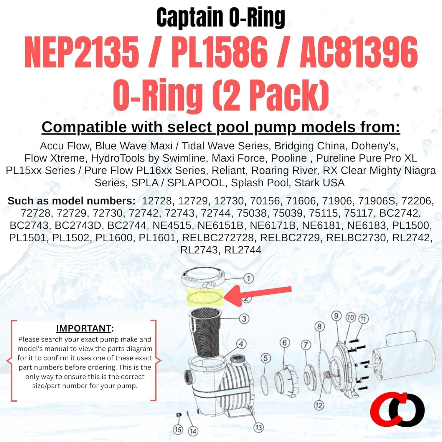 NEP2135 PL1586 AC81396 O-Rings for Pureline Splash Blue Wave Pooline Pumps (2pk)