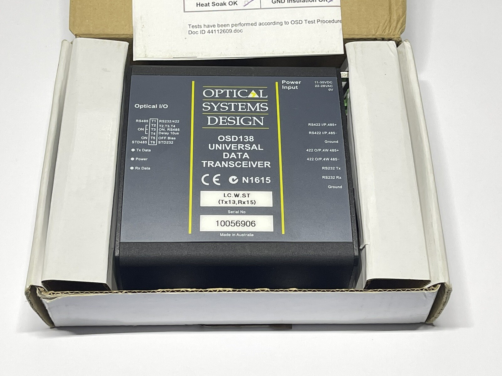Optical Systems Design OSD Universal Data Transceiver OSD138 RS232 RS485 RS422 1