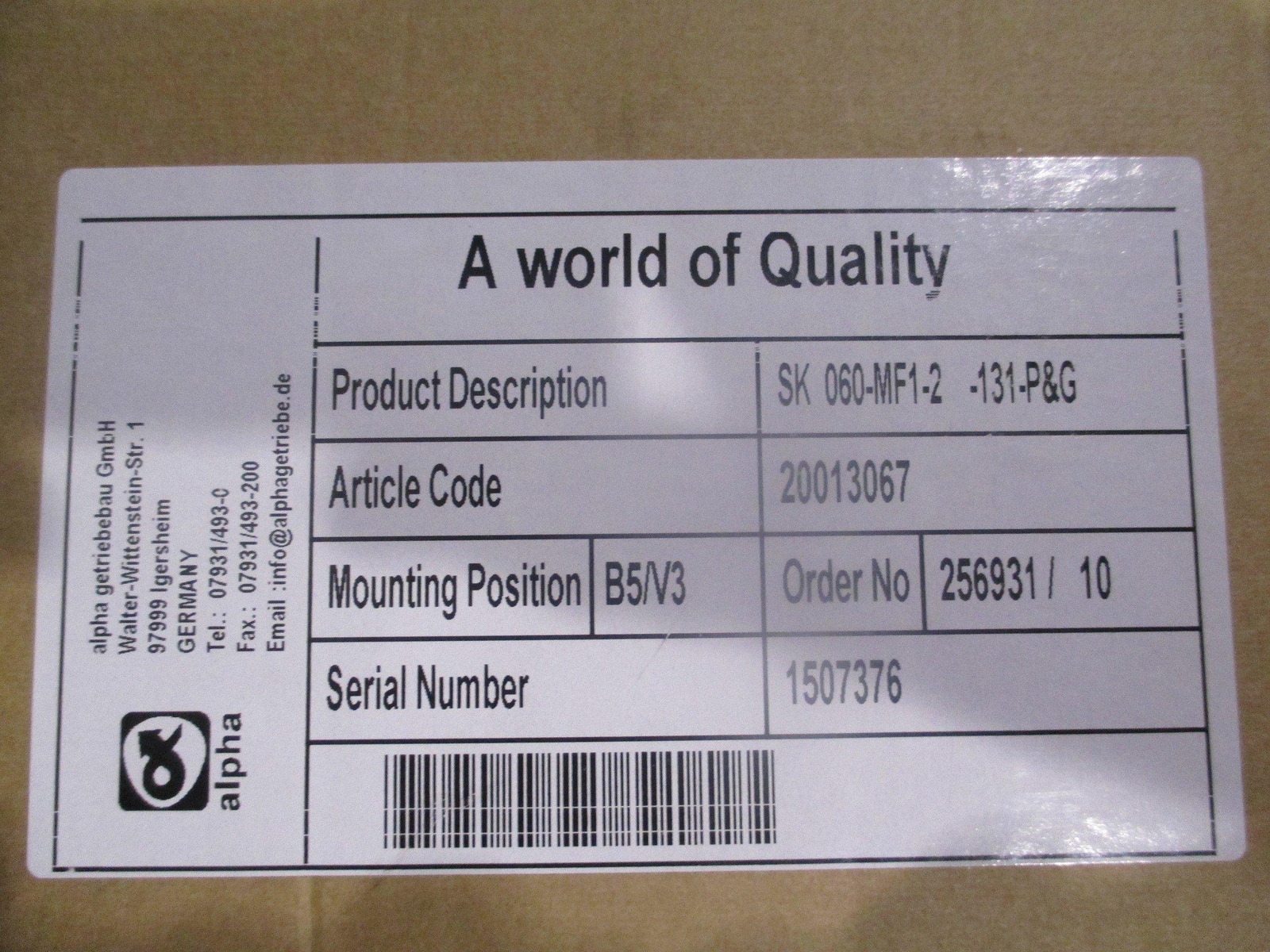 Alpha SK 060-MF1-2-131 Gearbox, 2:1 Ratio