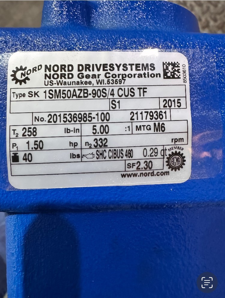 NORD SK 1SM50AZB-90S/4 CUS TF 1.5HP Gear Motor 230/460V 3-Phase 332RPM 5:1 Ratio