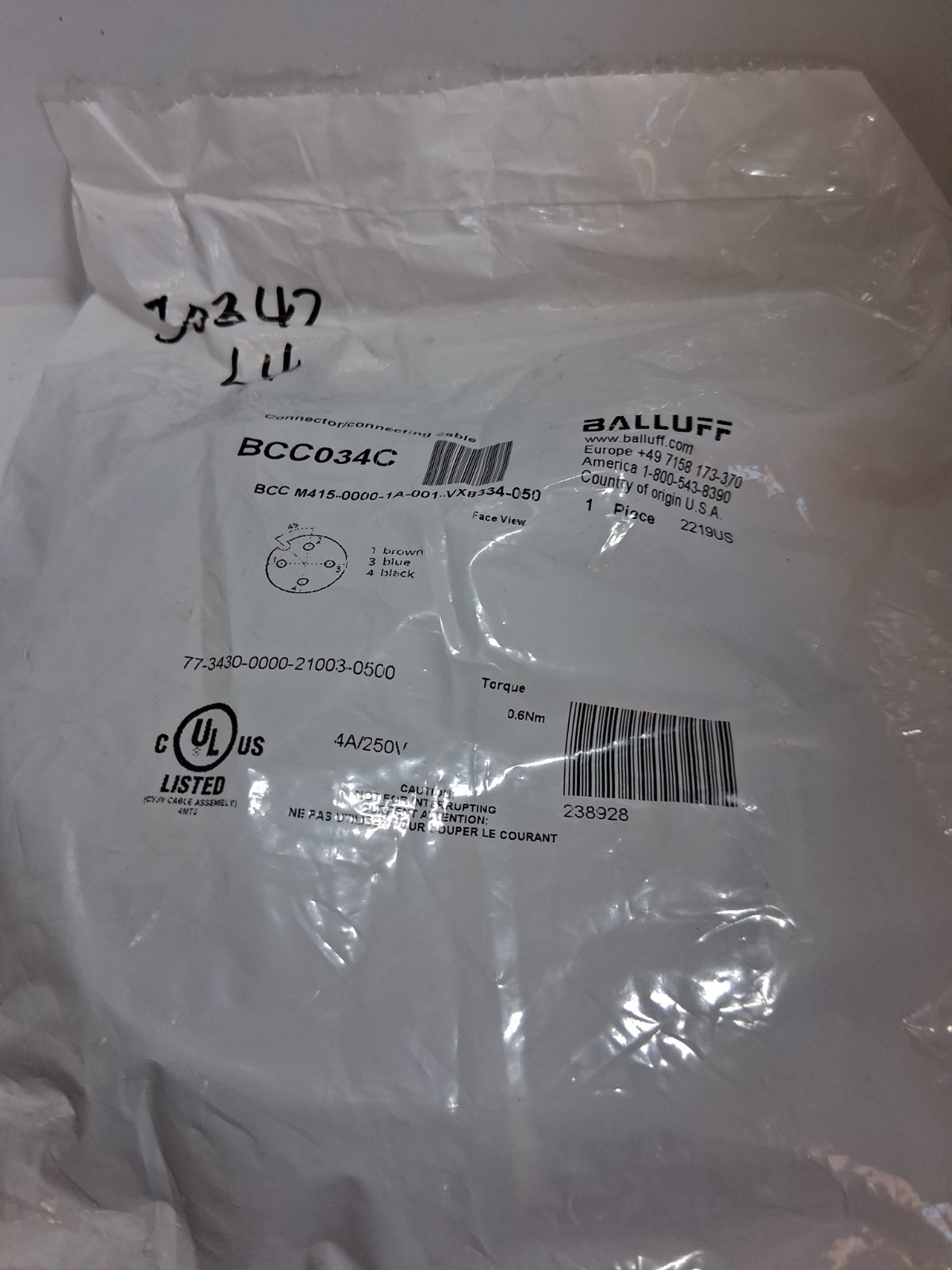 BALLUFF BCC M415-0000-1A-001-VX8334-050 (BCC034C) CORDSET 5P FEMALE 4A/250V NIB