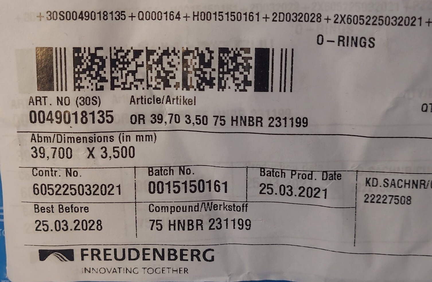 Freudenberg Nitrile O-rings 12 pk, 39.7mm x 3.5mm, HNBR 231199