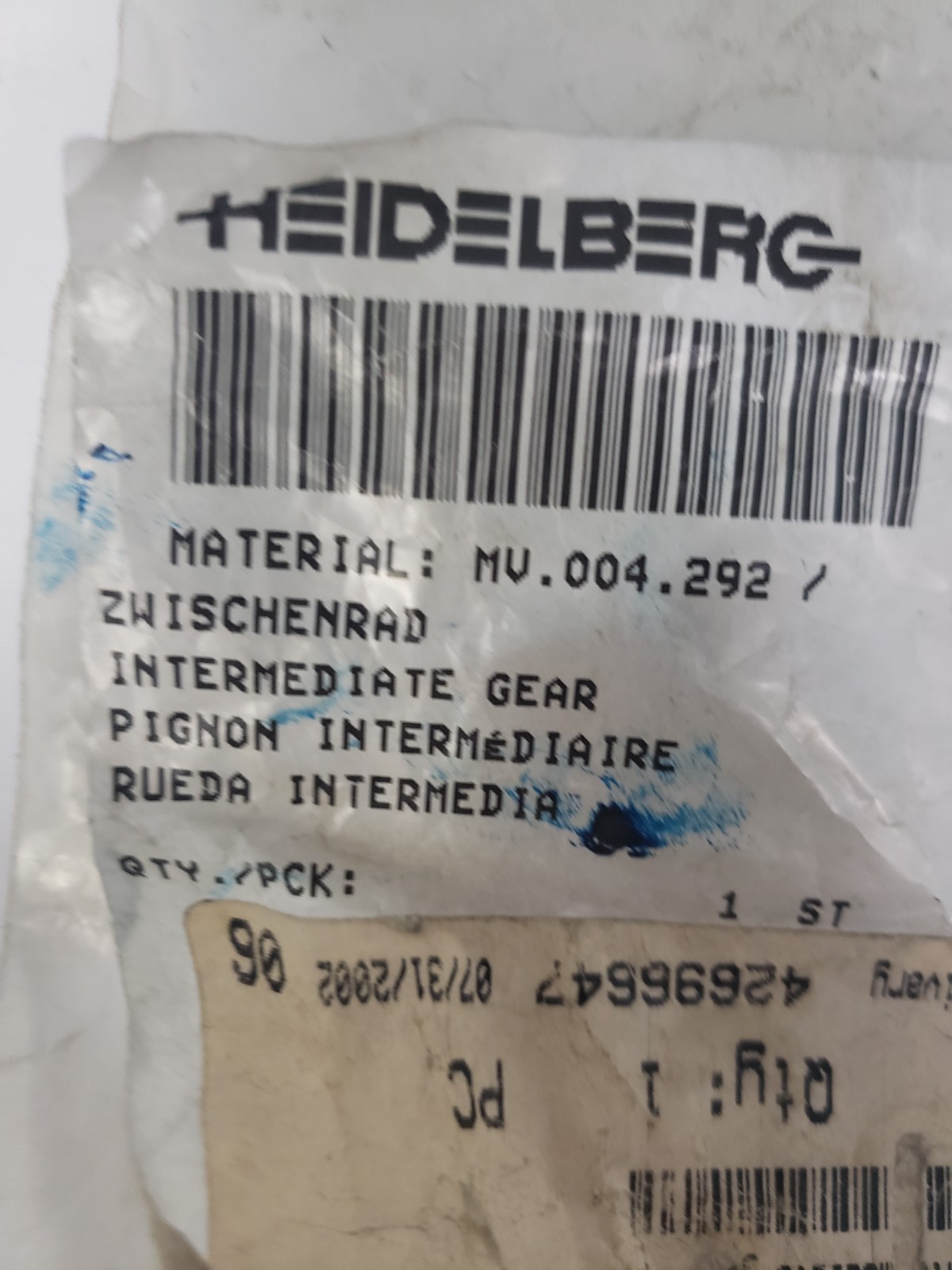 HEIDELBERG MV.004.292 INTERMEDIATE GEAR, NIB