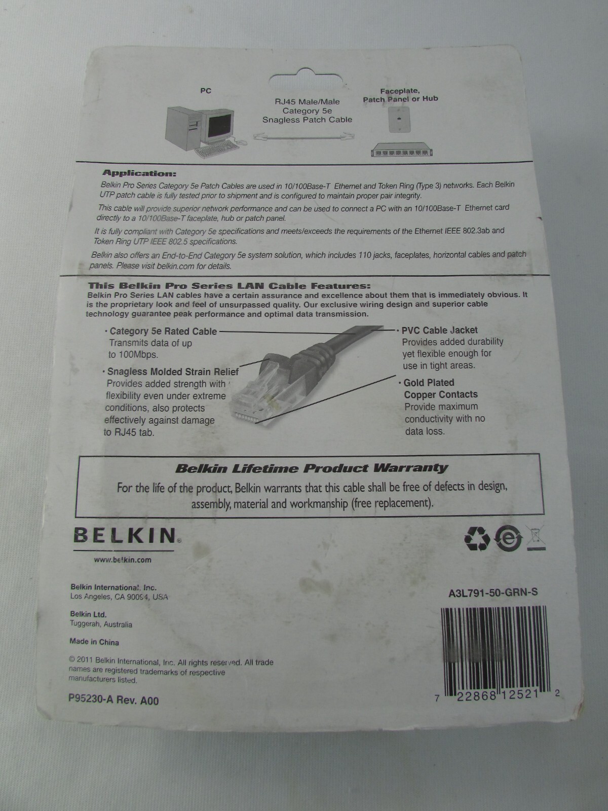 Belkin Pro Series Cat 5e Snagless Patch Cable 50′ Green RJ45 Ethernet/Token Ring