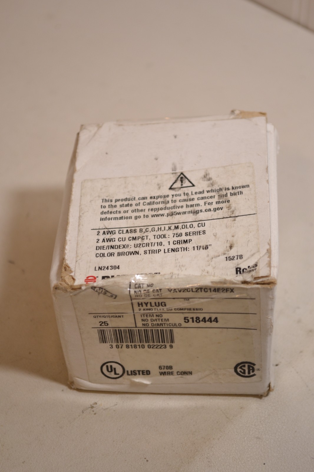 Burndy YAV2CL2TC14E2FX Hylug Cable Lug 2 Hole P/N 518444 2 AWG Box of 25