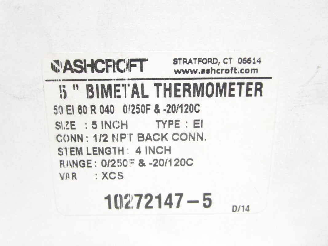 ASHCROFT 50EI60R0400/250F 0/250’F 5″ NSMP